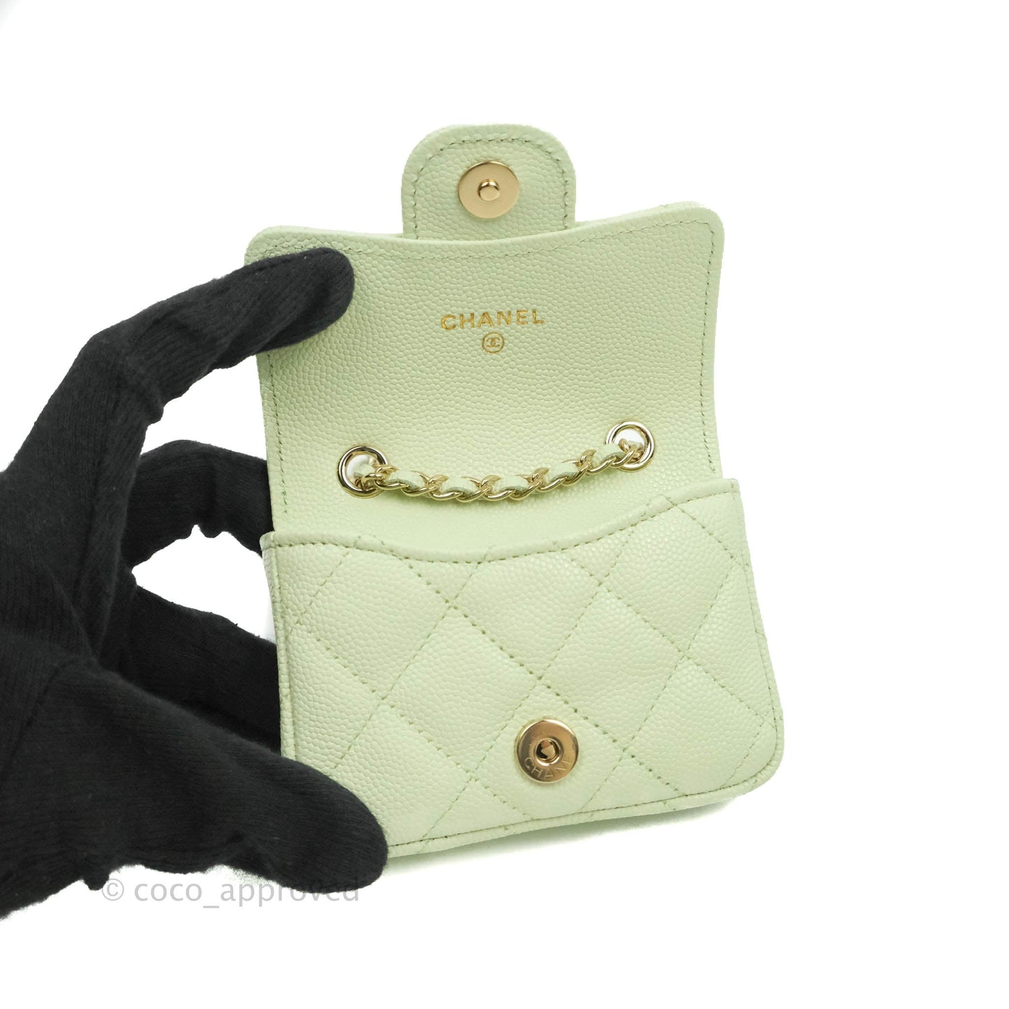 Chanel Mini Card Holder Chain Belt Bag Light Green Caviar Gold Hardware 21B