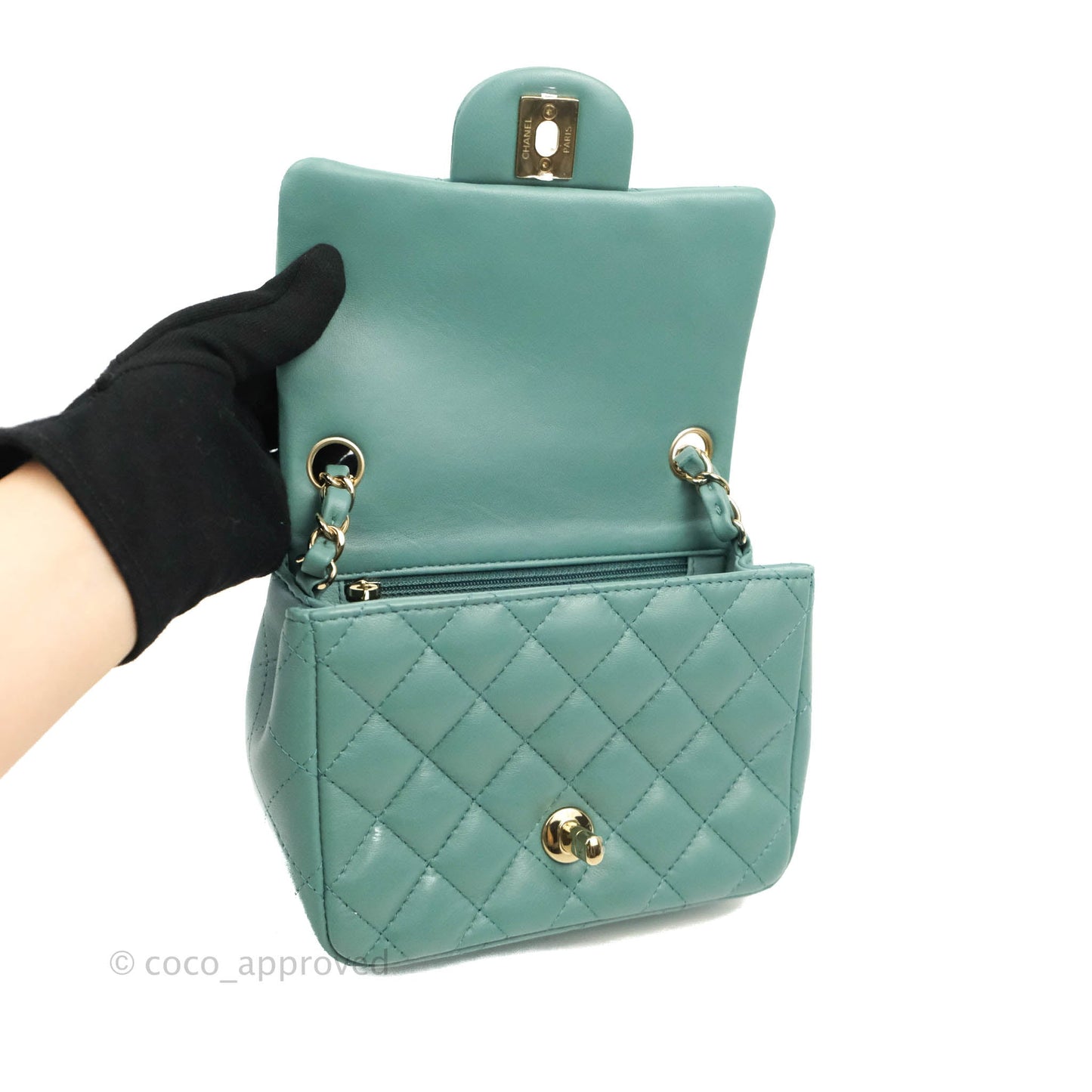 Chanel Mini Square Teal Green Lambskin Gold Hardware
