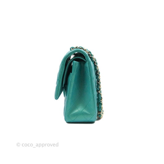 Chanel Classic M/L Medium Double Flap Iridescent Turquoise Calfskin Gold Hardware