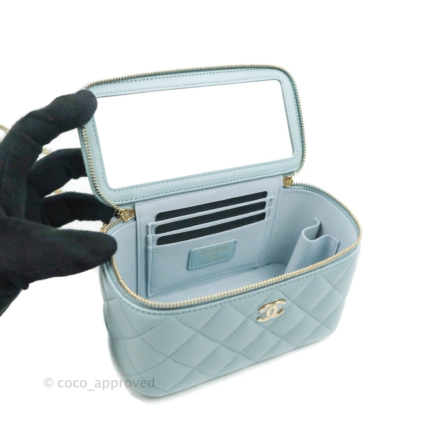 Chanel Vanity Rectangular Top Handle Light Blue Lambskin Gold Hardware