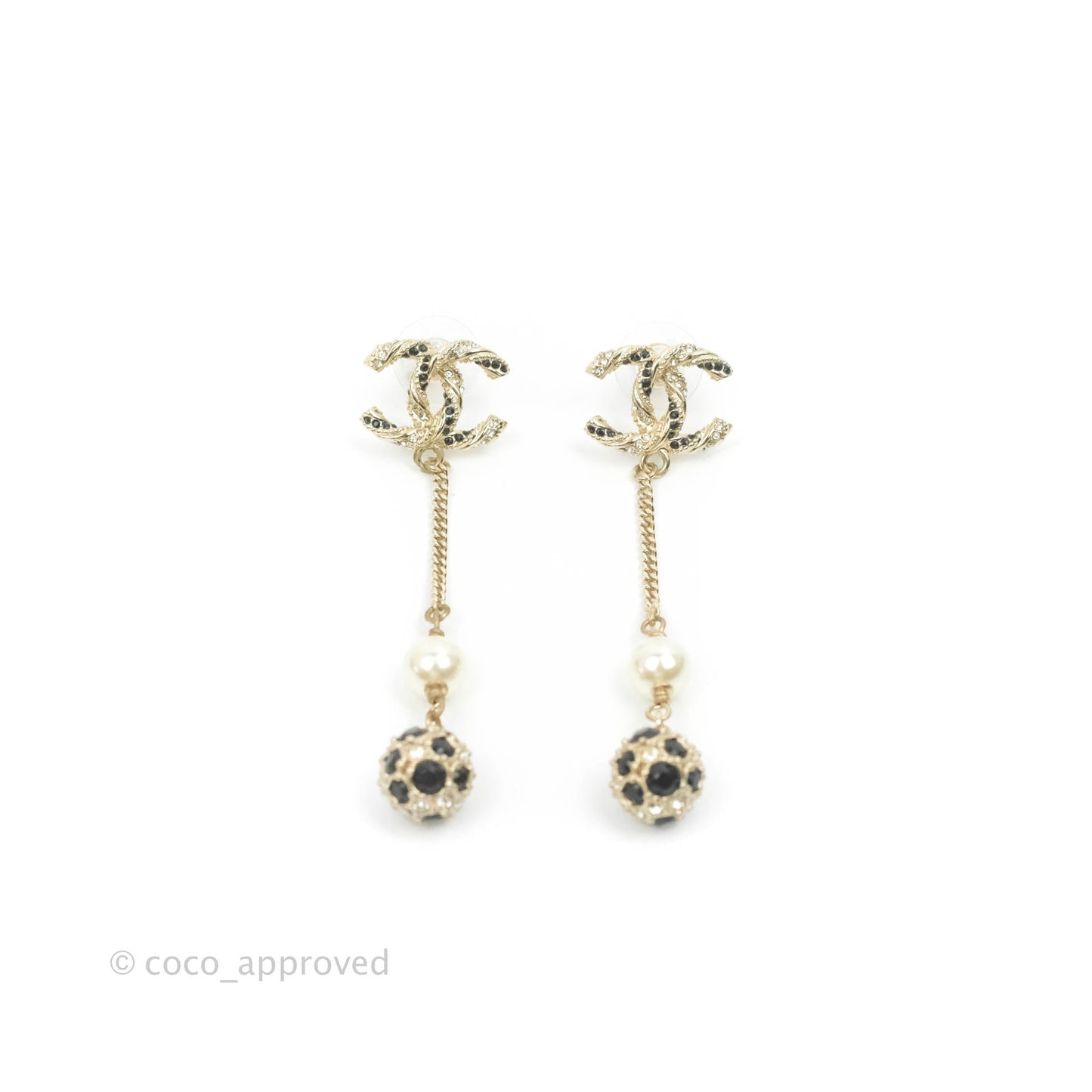 Chanel CC Crystal Black Resin Pearl Long Drop Earrings Gold Tone 19P