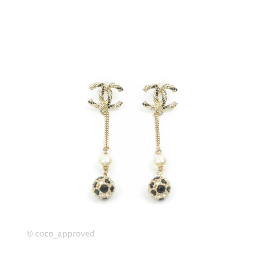 Chanel CC Crystal Black Resin Pearl Long Drop Earrings Gold Tone 19P