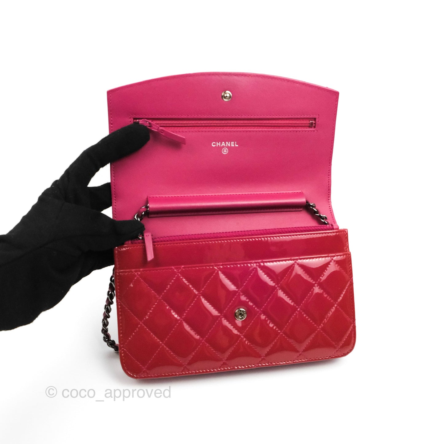 Chanel Wallet on Chain WOC Quilted Red Patent Ruthenium Hardware