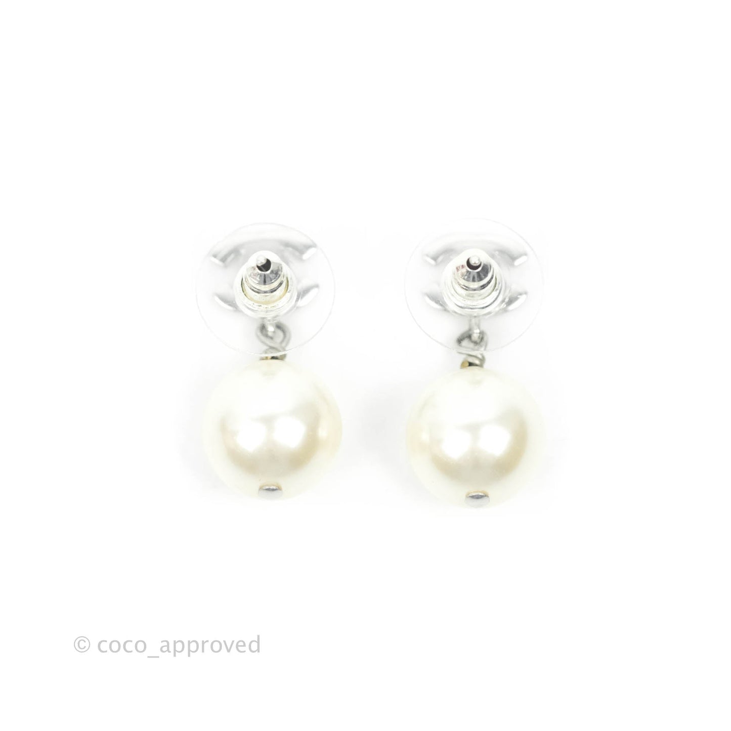 Chanel CC Crystal Pearl Drop Earrings Silver Tone 22V