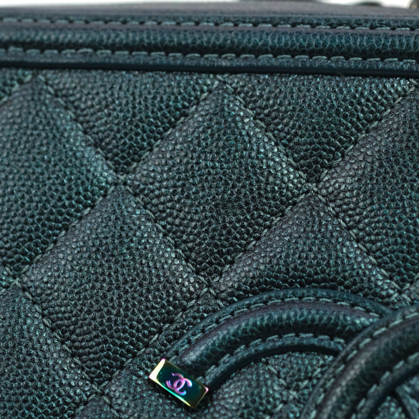Chanel Quilted Medium CC Filigree Vanity Case Iridescent Dark Turquoise Caviar Rainbow Hardware