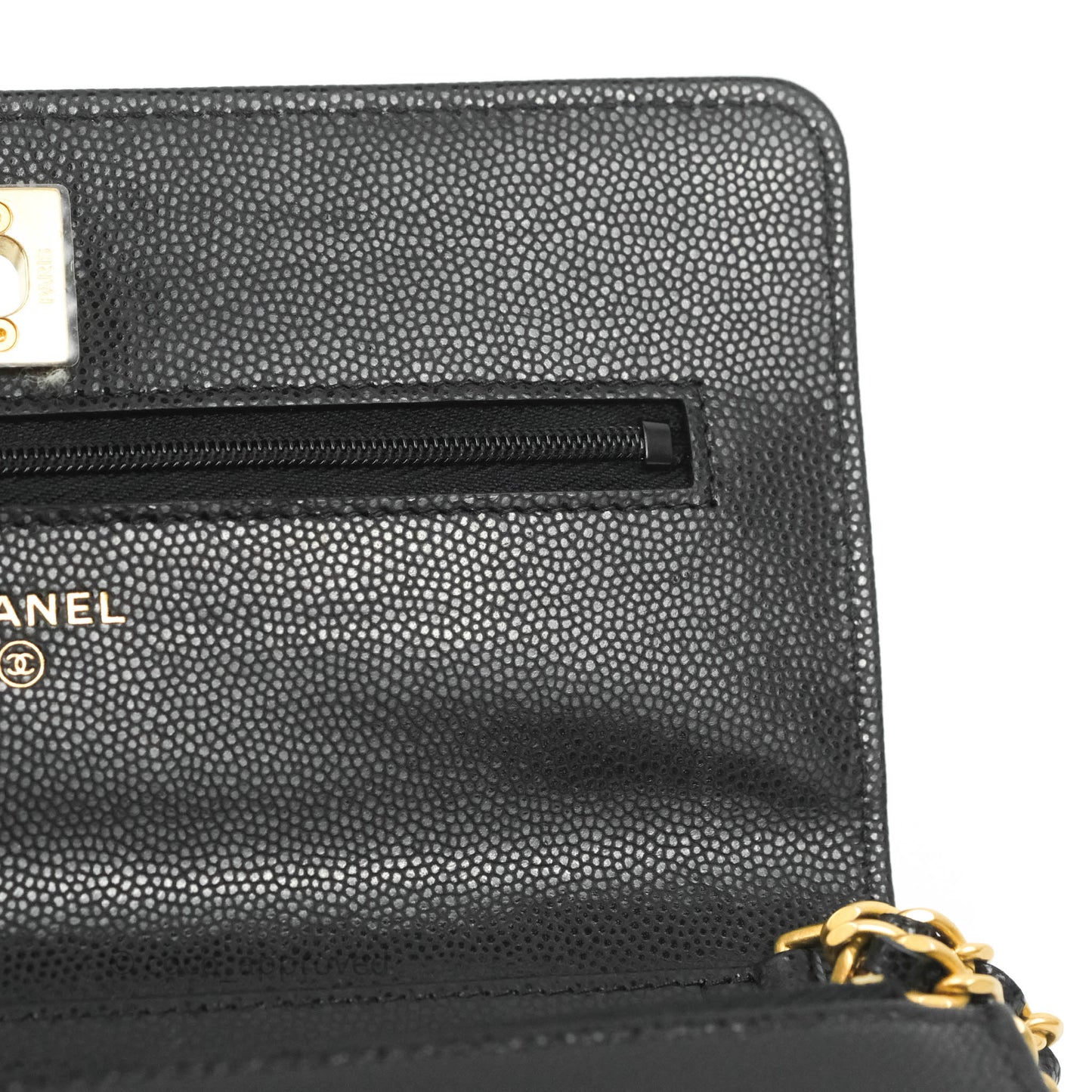 Chanel Quilted Gold CC Coin Wallet on Chain WOC Black Caviar Gold Hardware