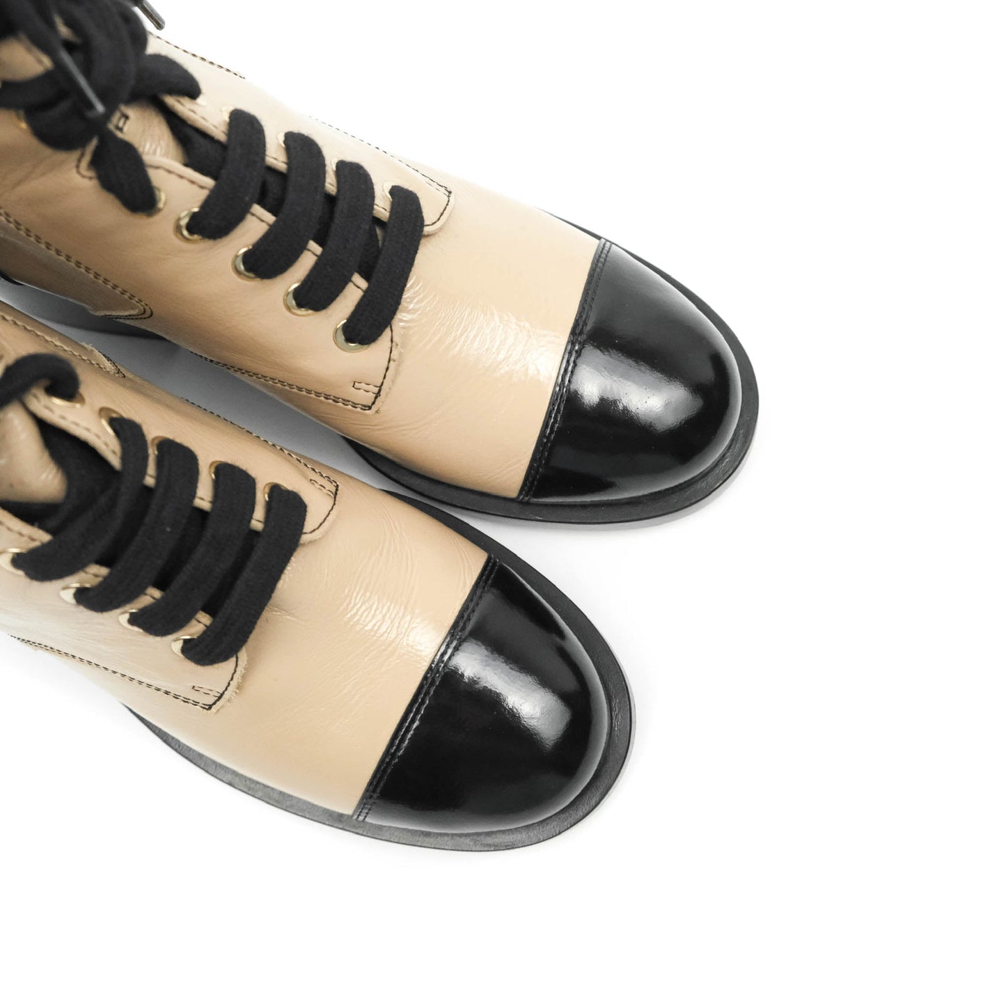 Chanel Beige Black Calfskin CC Lace Up Short Boots 37.5