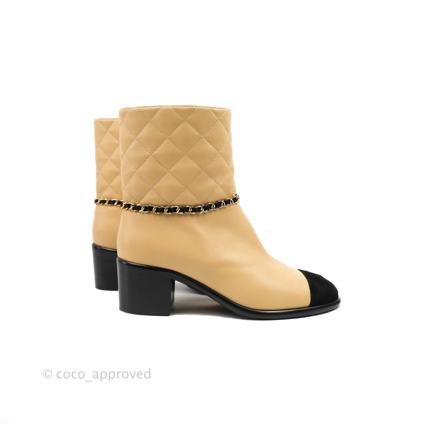 Chanel Chain Link CC Cap-toe Ankle Boots Beige Lambskin Black Suede Size 38.5