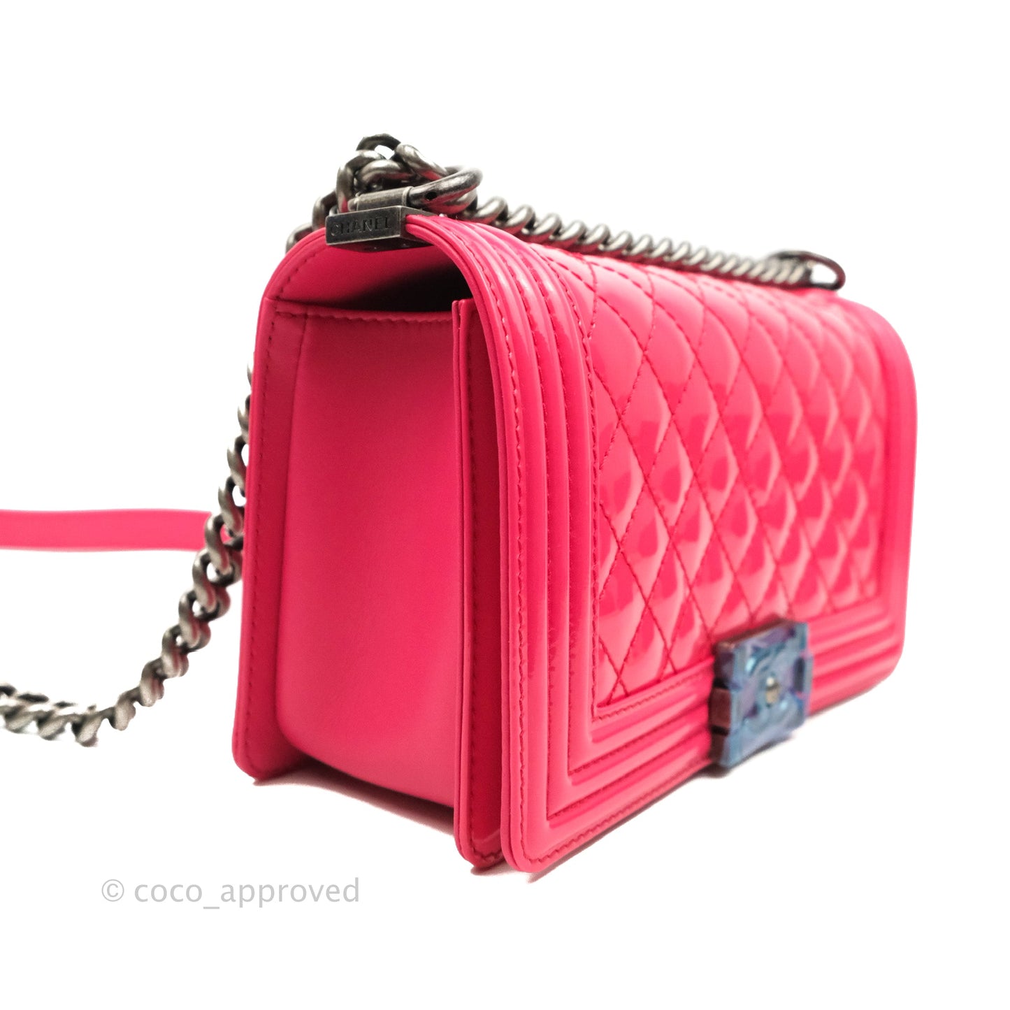 Chanel Quilted Medium Boy Bag Pink Patent Ruthenium Hardware