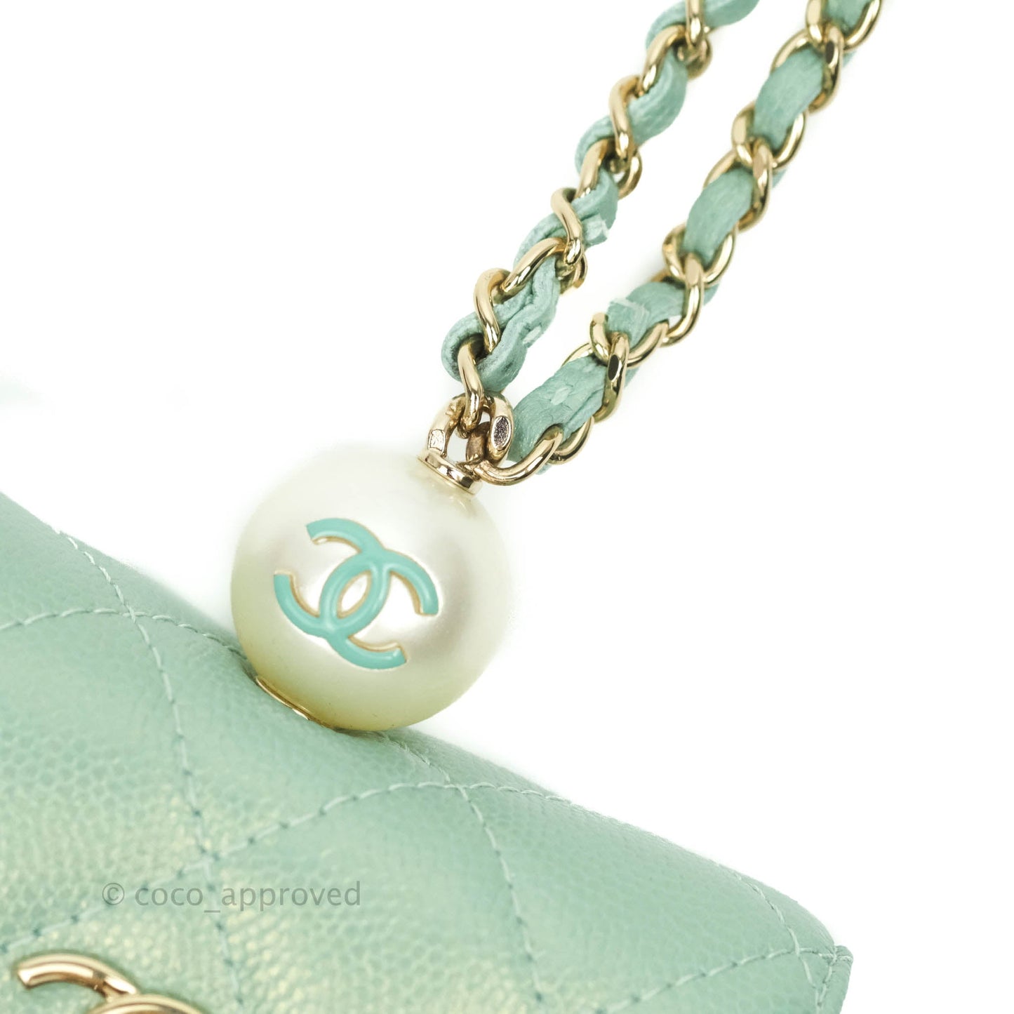 Chanel Quilted Card Holder With Chain Iridescent Mint Caviar Gold Hardware