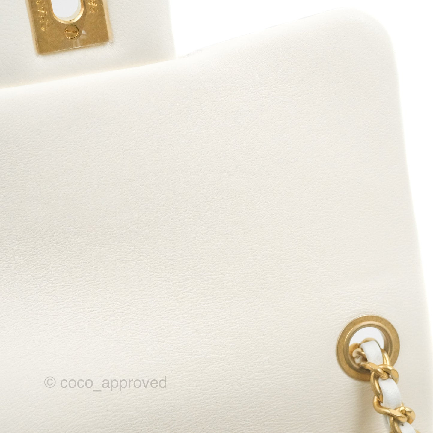Chanel Mini Square Pearl Crush Quilted White Lambskin Aged Gold Hardware