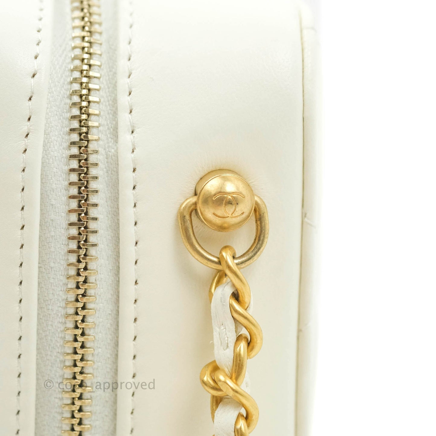 Chanel Mini Pearl Crush Quilted Camera Case White Lambskin Aged Gold Hardware