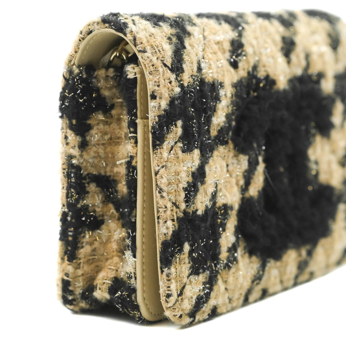 Chanel Wallet On Chain WOC Houndstooth Beige Black Tweed Gold Hardware