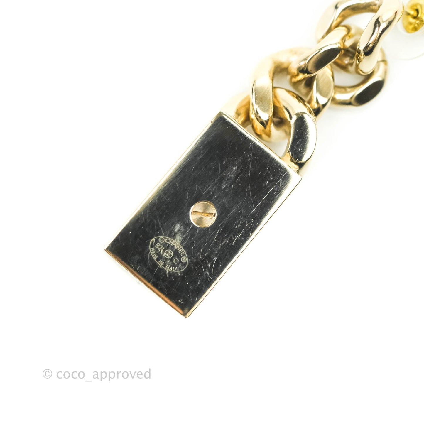 Chanel Chain CC Crystal Plate Drop Earrings Gold Tone 21C