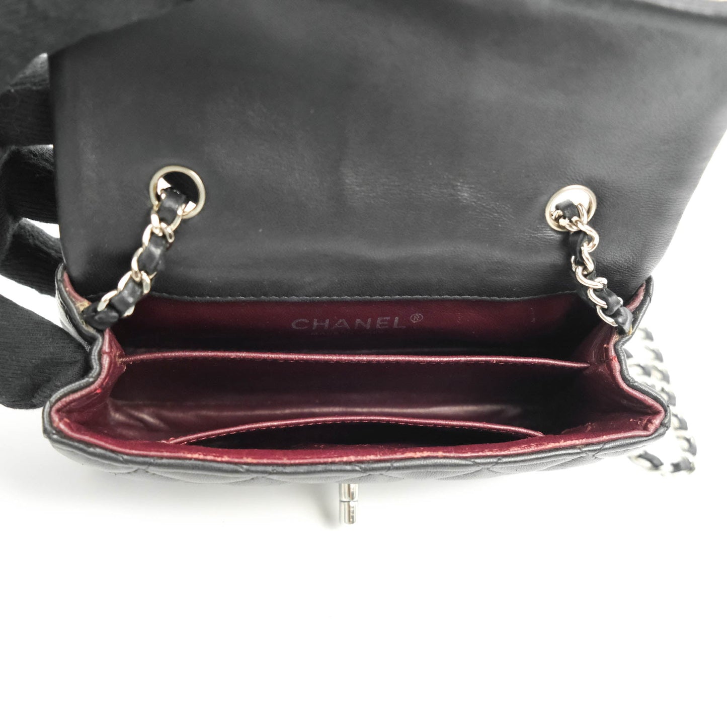 Chanel Quilted Extra Mini Rectangular Flap Black Lambskin Silver Hardware