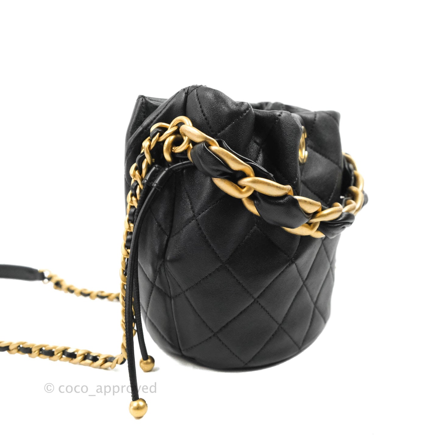 Chanel Small Entwined Chain Drawstring Bucket Bag Black Lambskin Age Gold Hardware