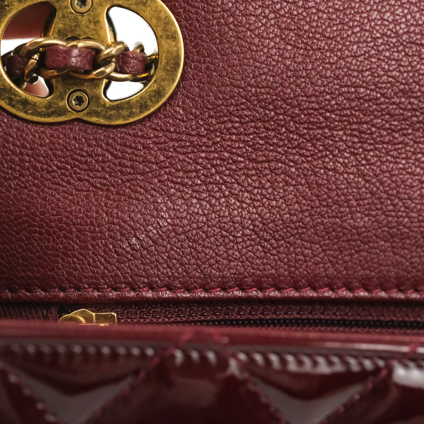 Chanel Quilted CC Eyelet Flap Burgundy Patent Goatskin Antique Gold Hardware