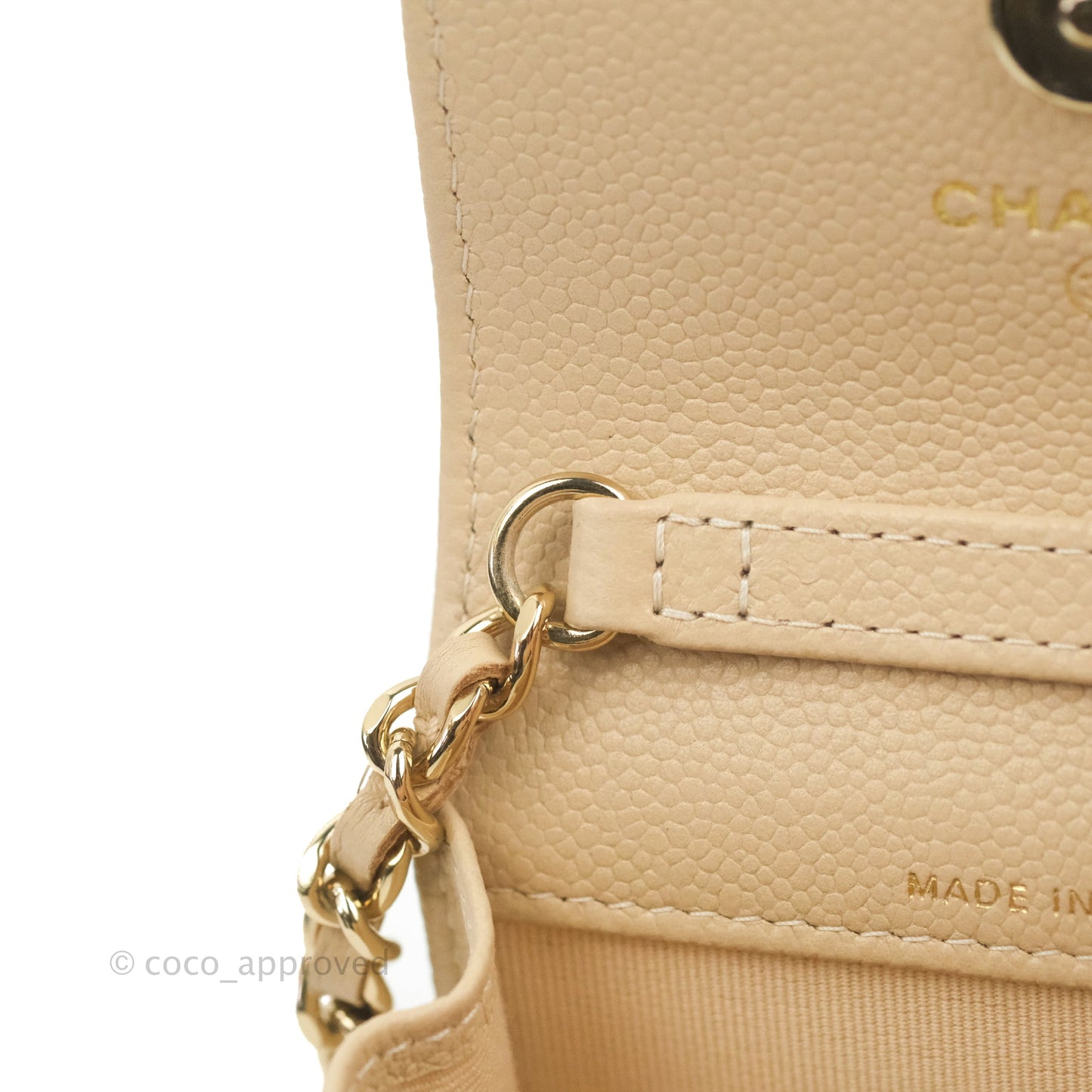 Chanel Quilted Card Holder with CC Chain Beige Caviar Gold Hardware