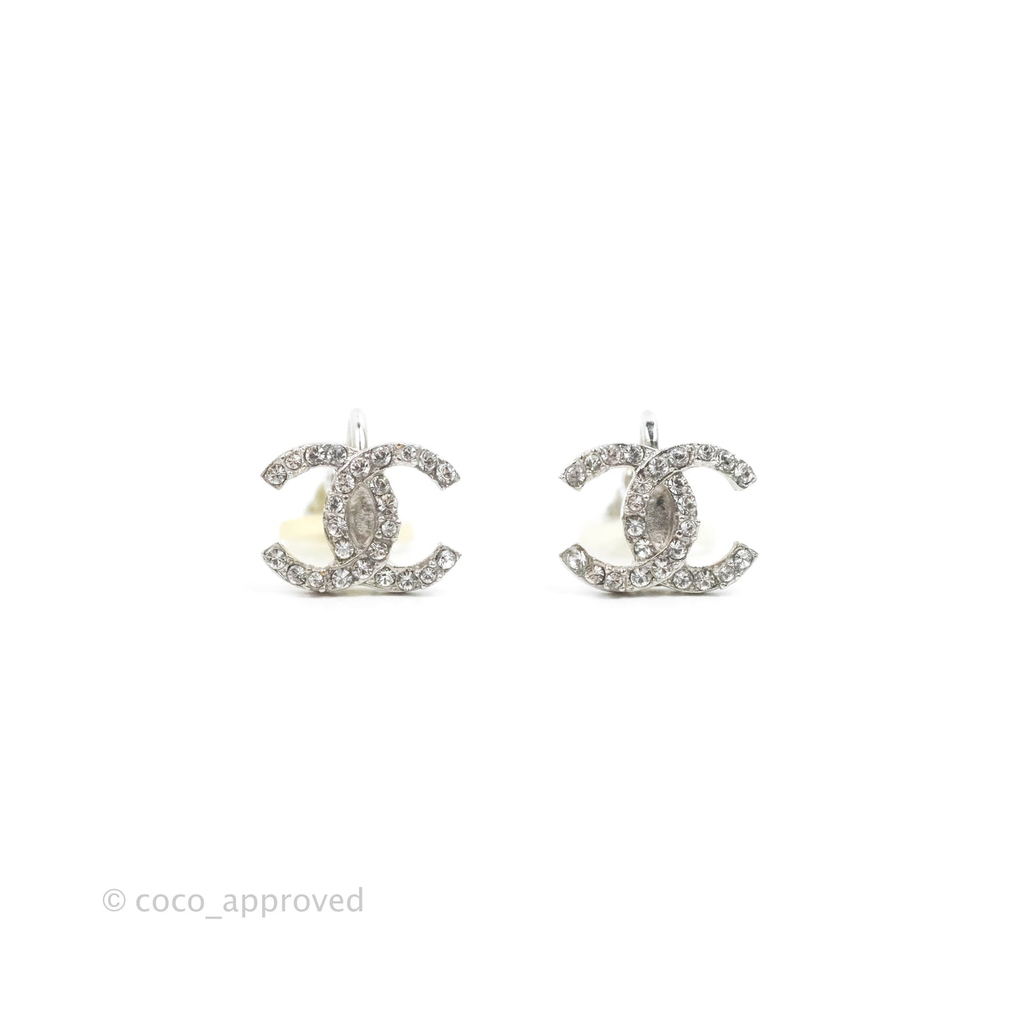 Chanel Crystal CC Earrings Ear Clip Silver Tone 20B