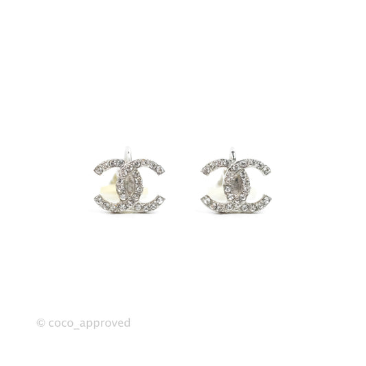 Chanel Crystal CC Earrings Ear Clip Silver Tone 20B