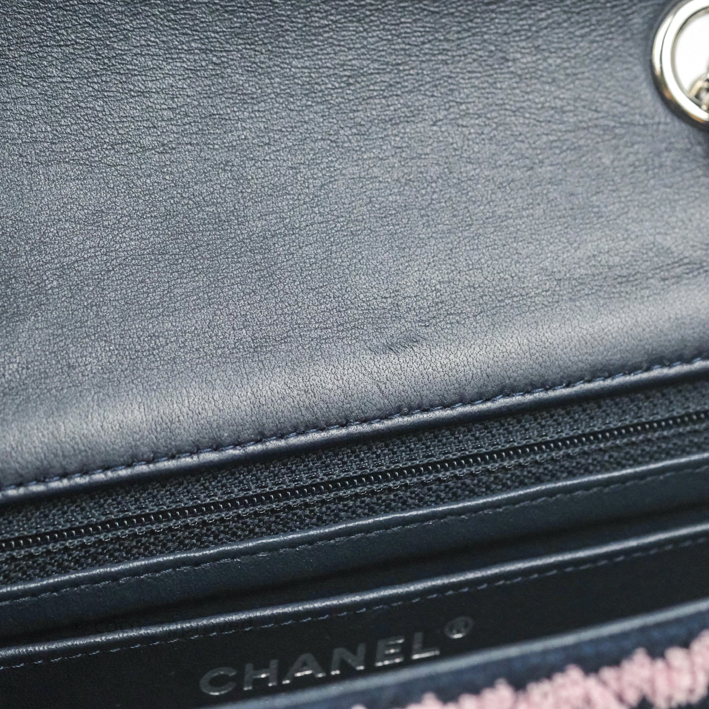 Chanel Mini Rectangular Flap Bag Navy Pink Striped Tweed Silver Hardware