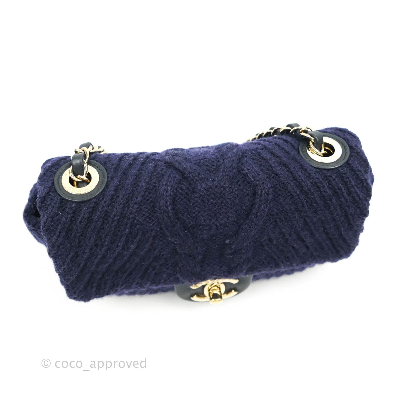 Chanel Mini Rectangular Flap Navy Blue Cable Knit Gold Hardware