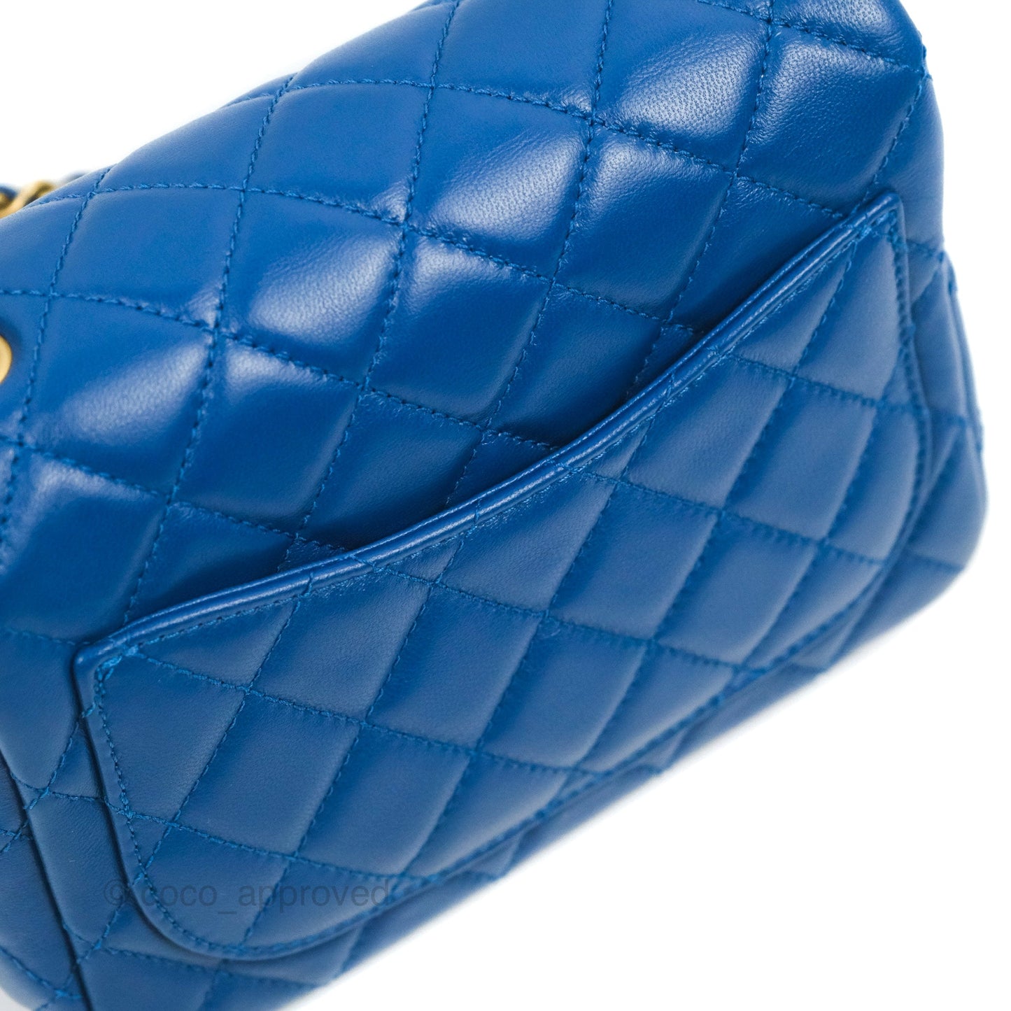 Chanel Mini Square Pearl Crush Quilted Blue Lambskin Aged Gold Hardware