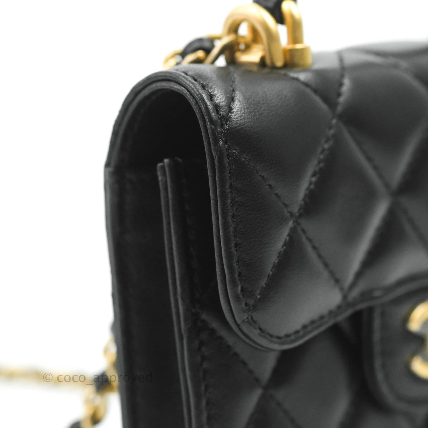 Chanel Mini Handle Flap Coin Purse With Chain Black Lambskin Gold Hardware