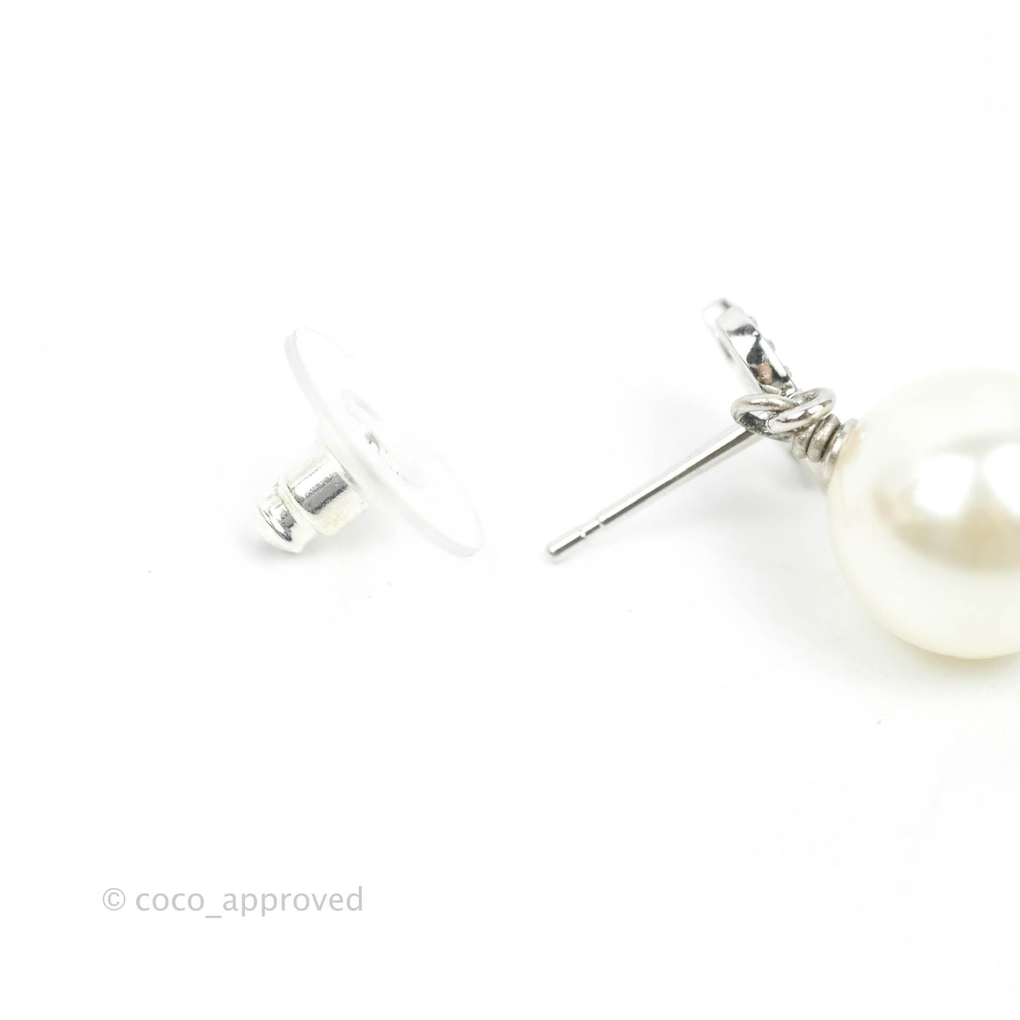 Chanel CC Crystal Pearl Drop Earrings Silver Tone 22V