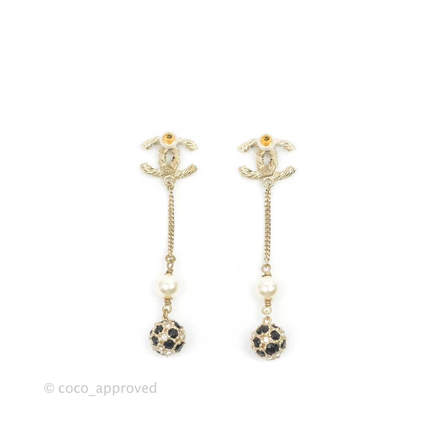 Chanel CC Crystal Black Resin Pearl Long Drop Earrings Gold Tone 19P