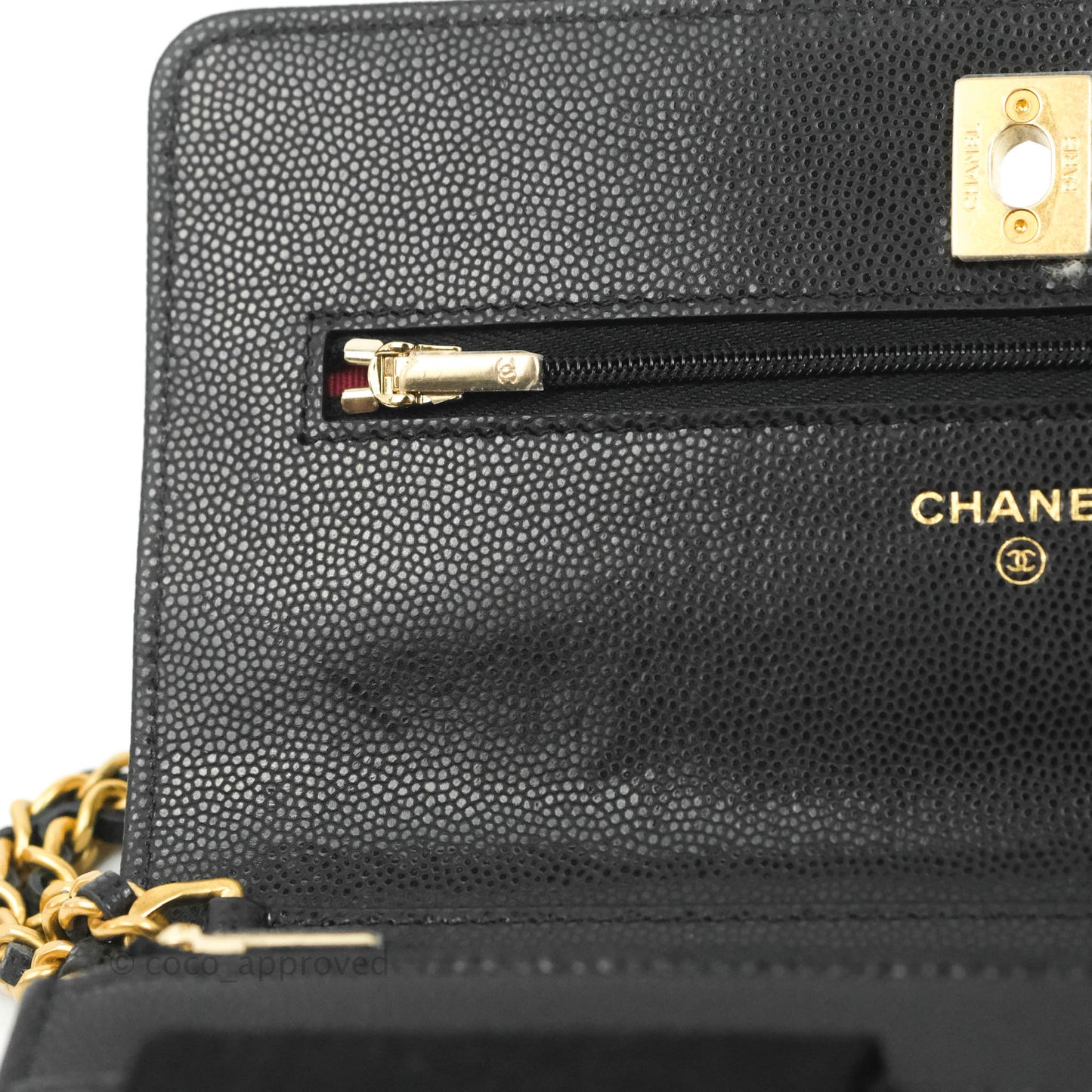 Chanel Quilted Gold CC Coin Wallet on Chain WOC Black Caviar Gold Hardware
