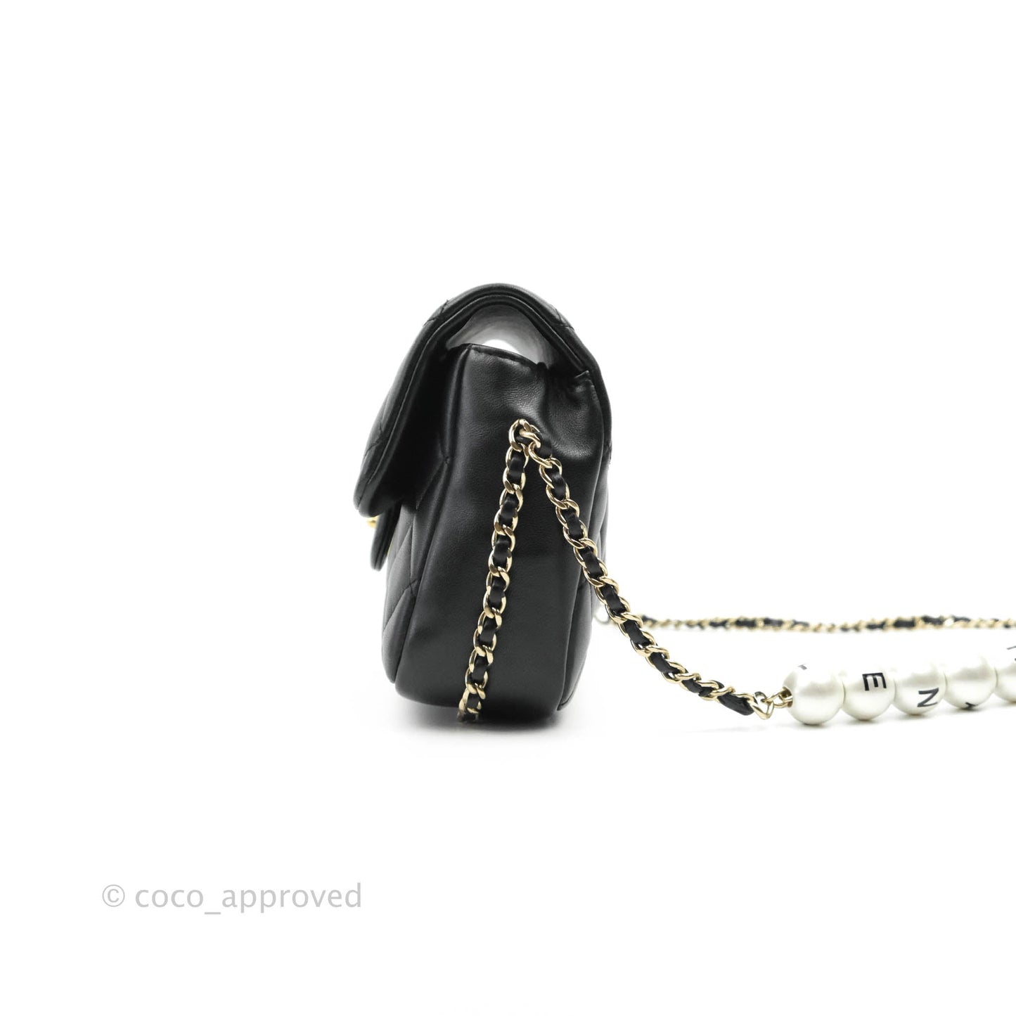 Chanel Logo Pearl Chain Flap Bag Black Lambskin Gold Hardware