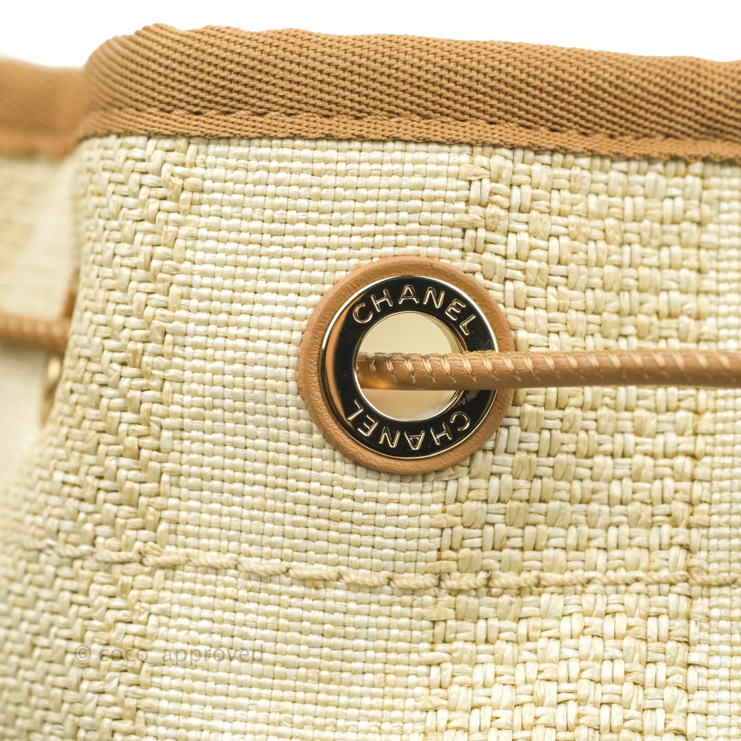 Chanel Raffia Canvas Deauville Drawstring Bucket Bag Brown Gold Hardware