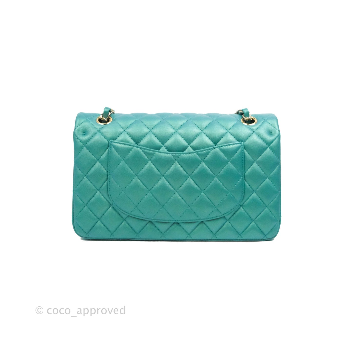 Chanel Classic M/L Medium Double Flap Iridescent Turquoise Calfskin Gold Hardware