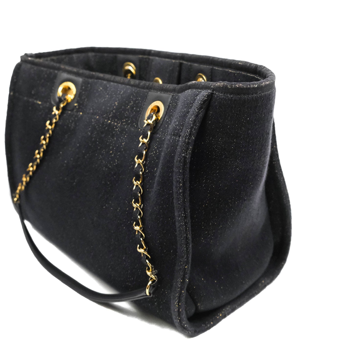 Chanel Medium Deauville Tote Navy Glitter Canvas Gold Hardware