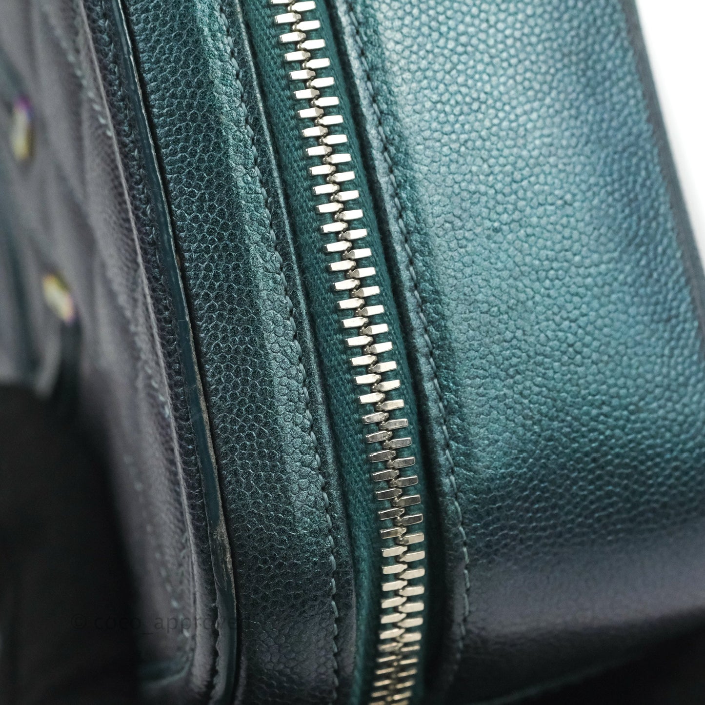 Chanel Quilted Medium CC Filigree Vanity Case Iridescent Dark Turquoise Caviar Rainbow Hardware