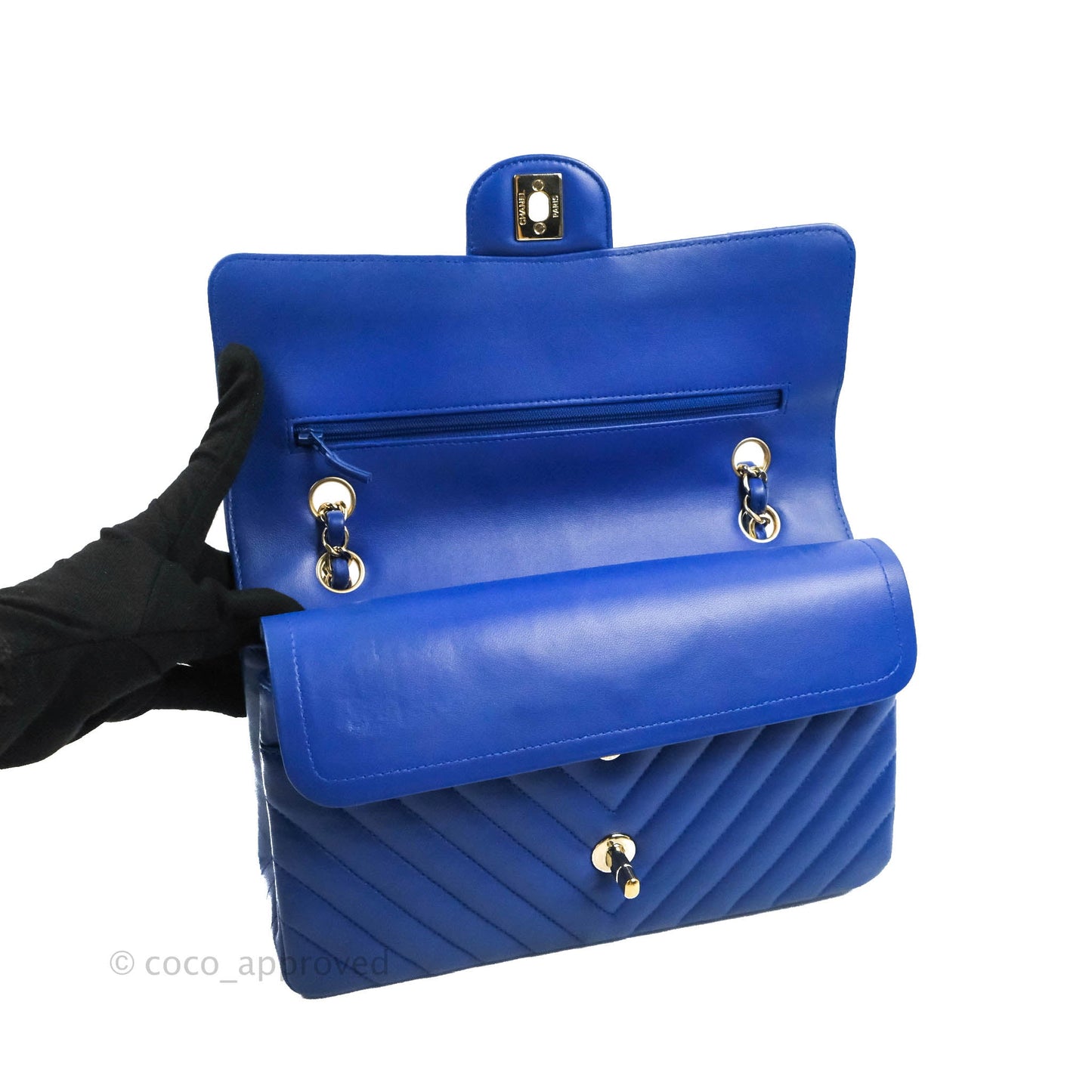 Chanel Classic M/L Medium Chevron Double Flap Blue Lambskin Gold Hardware