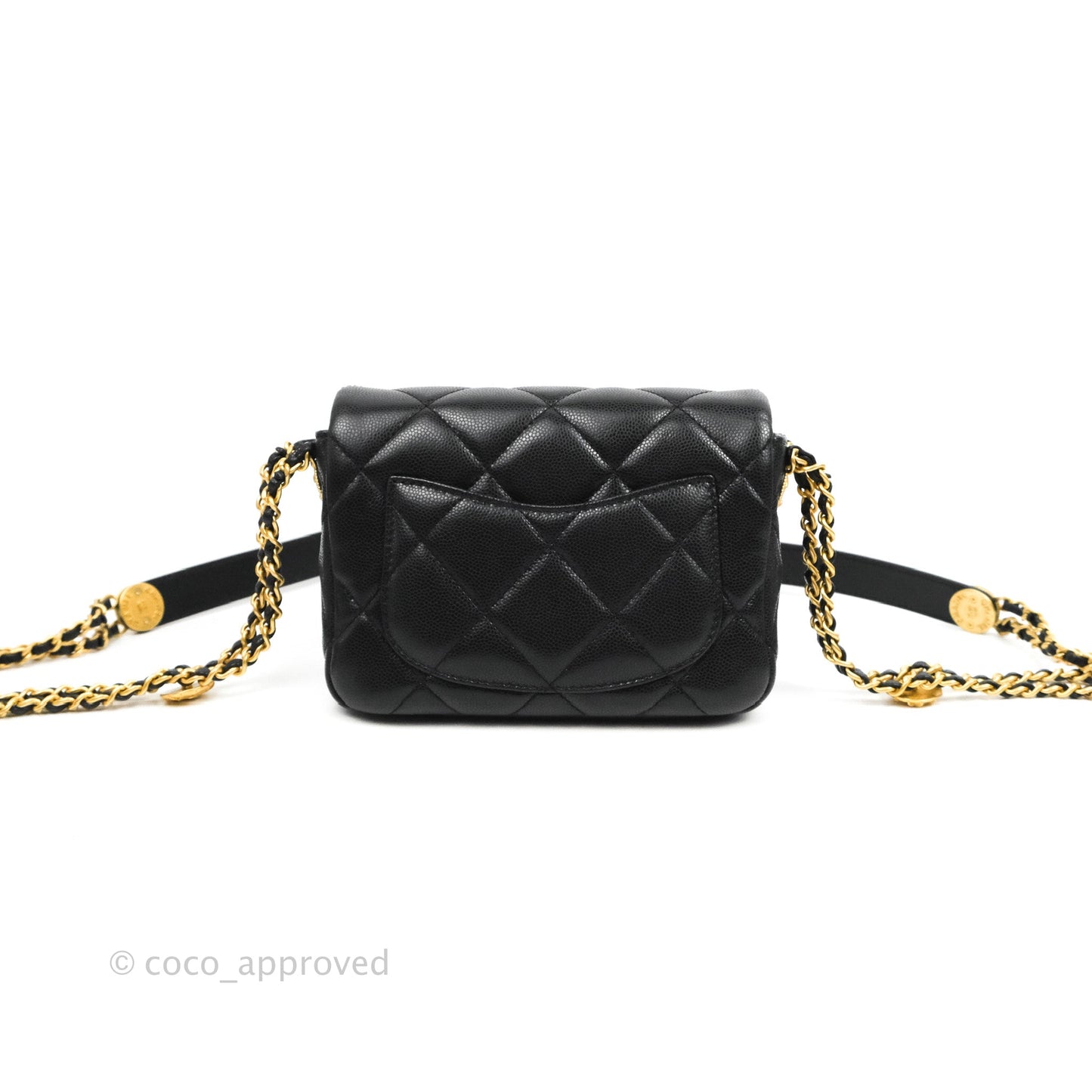 Chanel Mini Flap with Coin Charm Black Caviar Aged Gold Hardware 22A