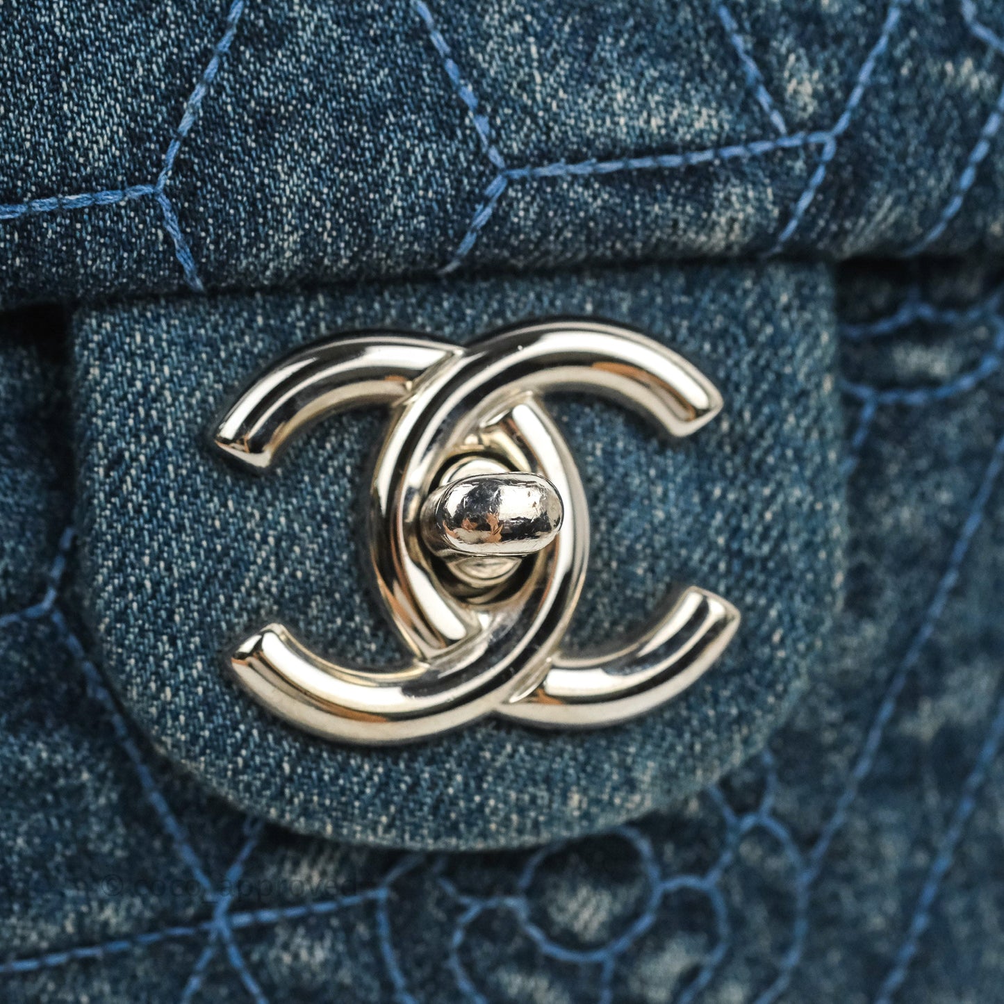 Chanel Camellia Embroidered Flap Bag Blue Washed Denim Silver Hardware