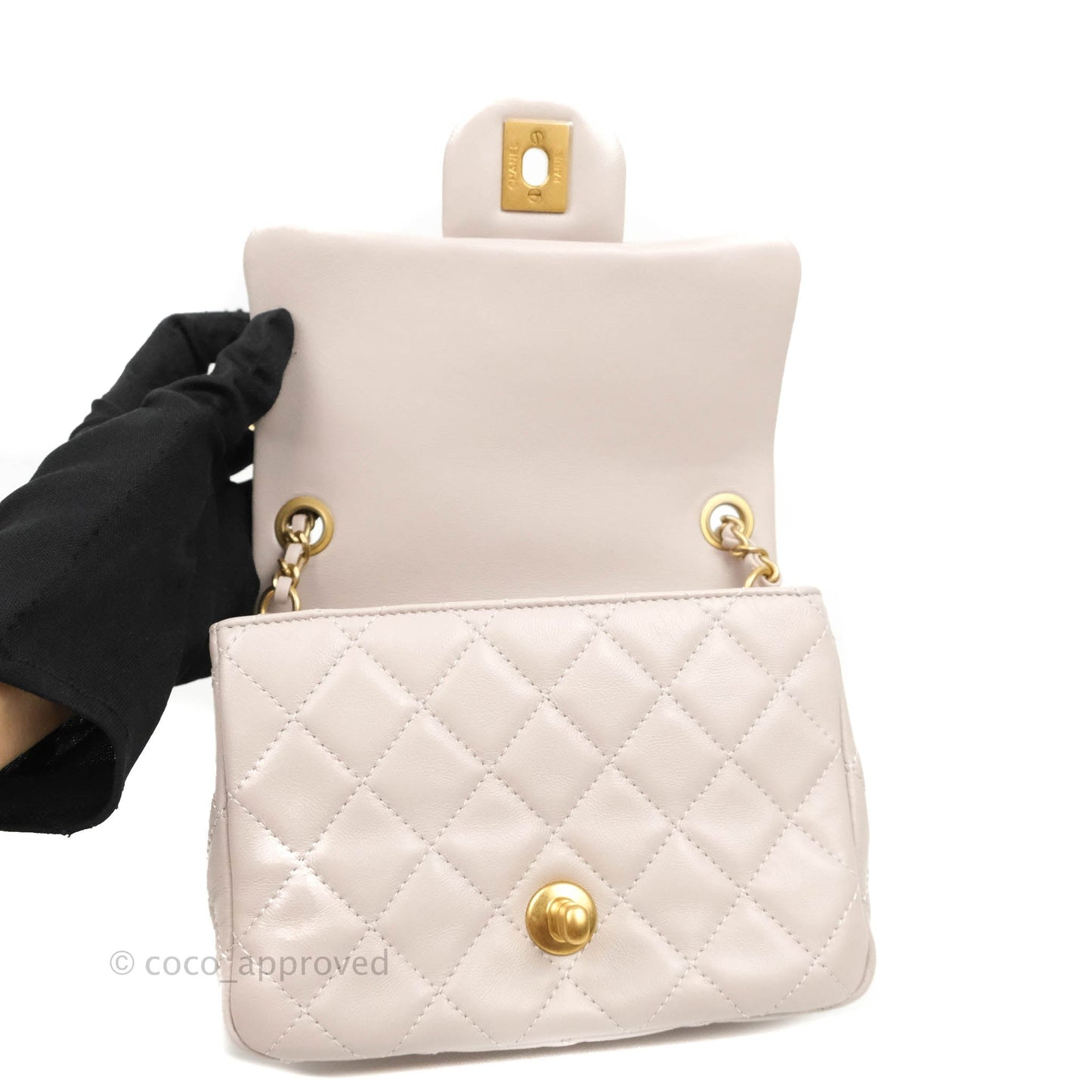 Chanel Mini Square Pearl Crush Quilted Pale Lilac Lambskin Aged Gold Hardware
