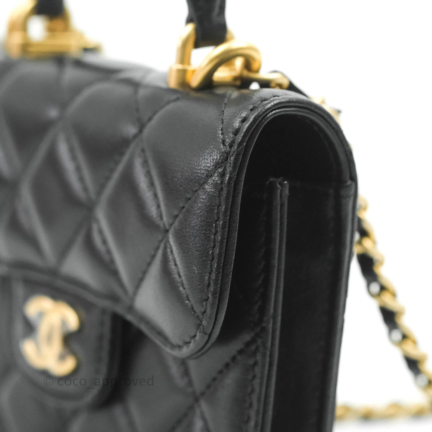 Chanel Mini Handle Flap Coin Purse With Chain Black Lambskin Gold Hardware