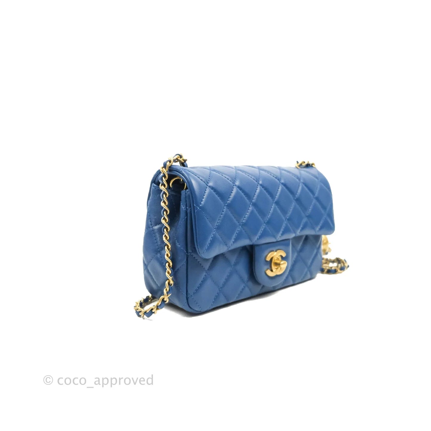Chanel Quilted Mini Rectangular Pearl Crush Blue Lambskin Aged Gold Hardware