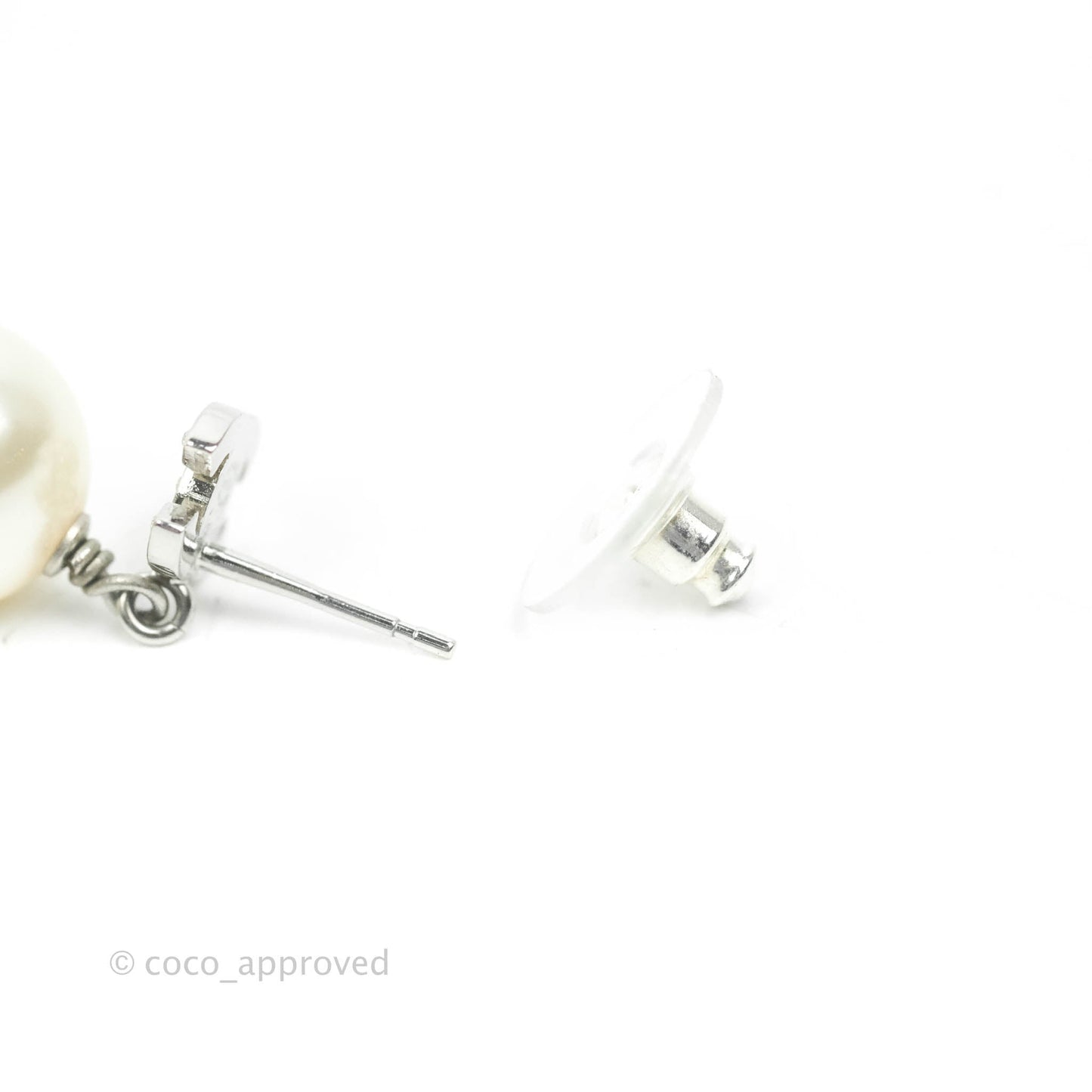 Chanel CC Crystal Pearl Drop Earrings Silver Tone 22V