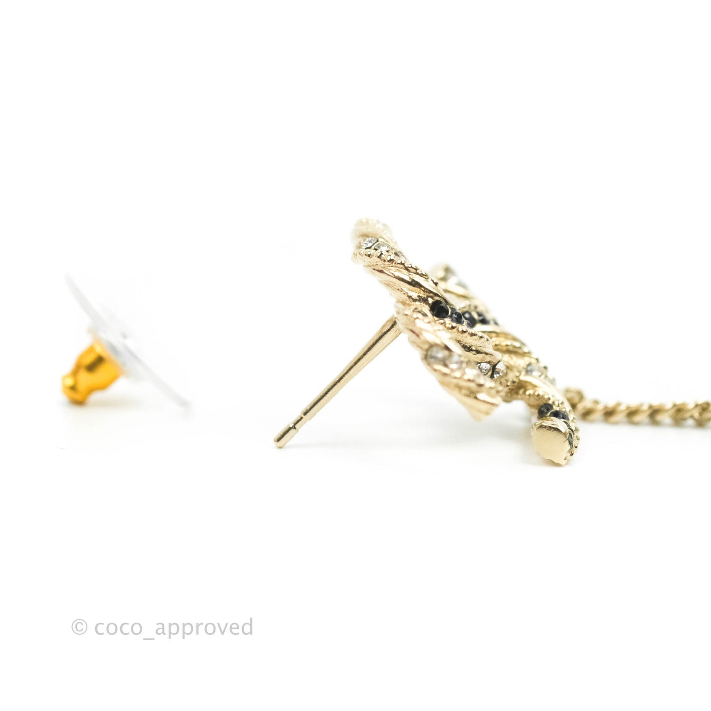 Chanel CC Crystal Black Resin Pearl Long Drop Earrings Gold Tone 19P