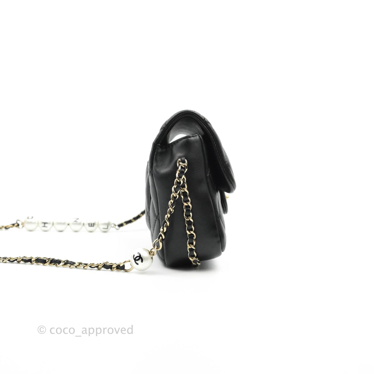 Chanel Logo Pearl Chain Flap Bag Black Lambskin Gold Hardware
