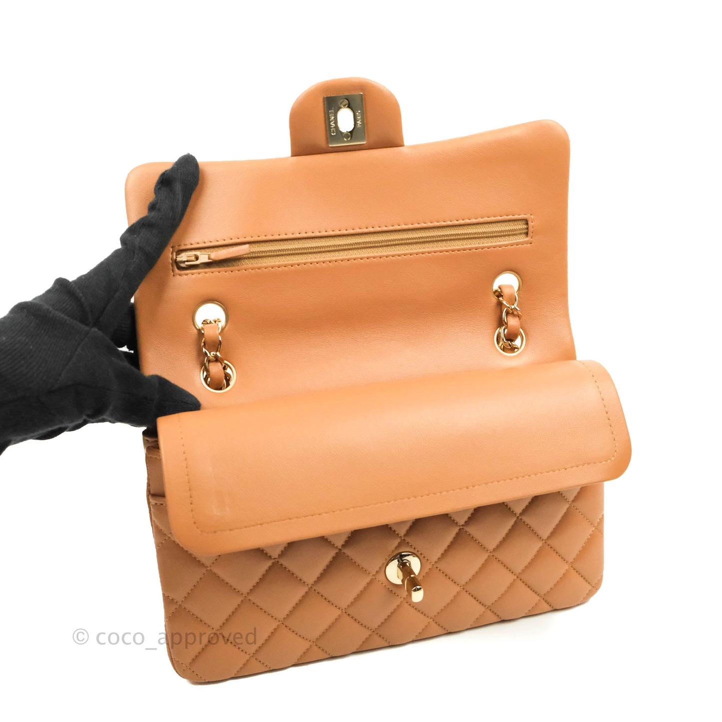 Chanel Small Classic Quilted Flap Dark Beige Caramel Lambskin Gold Hardware