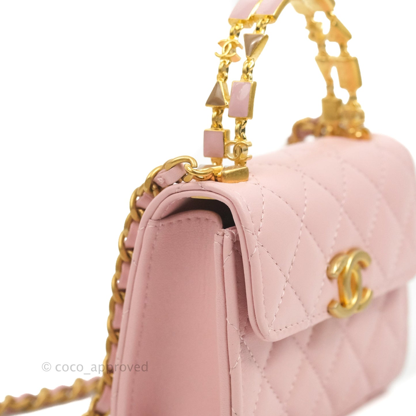 Chanel Mini Enamel Handle Clutch on Chain Pink Lambskin Gold Hardware 22B