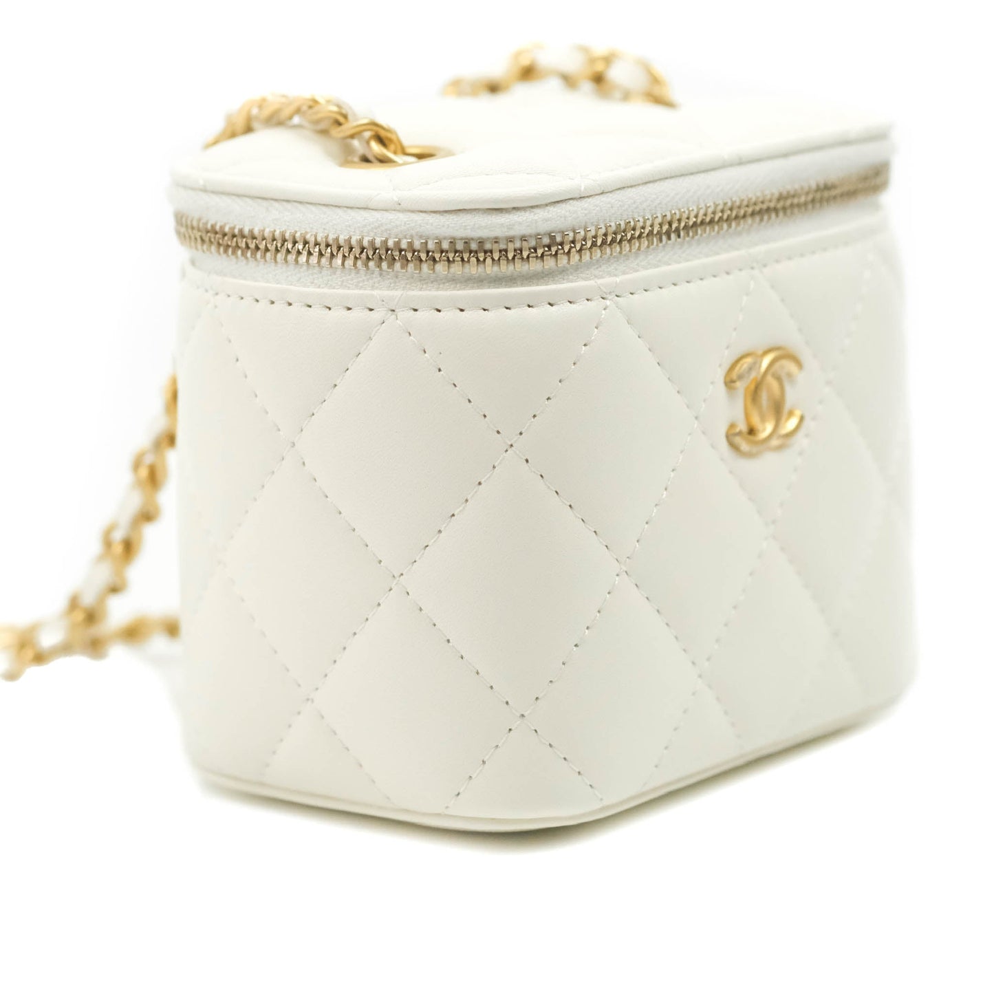 Chanel Mini Pearl Crush Vanity With Chain White Lambskin Aged Gold Hardware