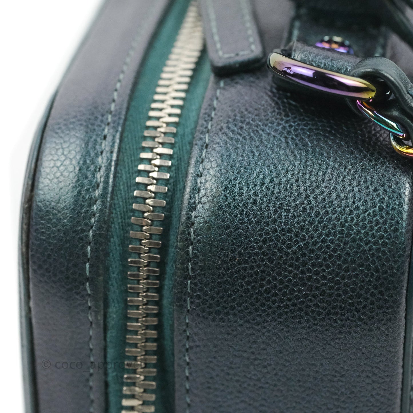 Chanel Quilted Medium CC Filigree Vanity Case Iridescent Dark Turquoise Caviar Rainbow Hardware