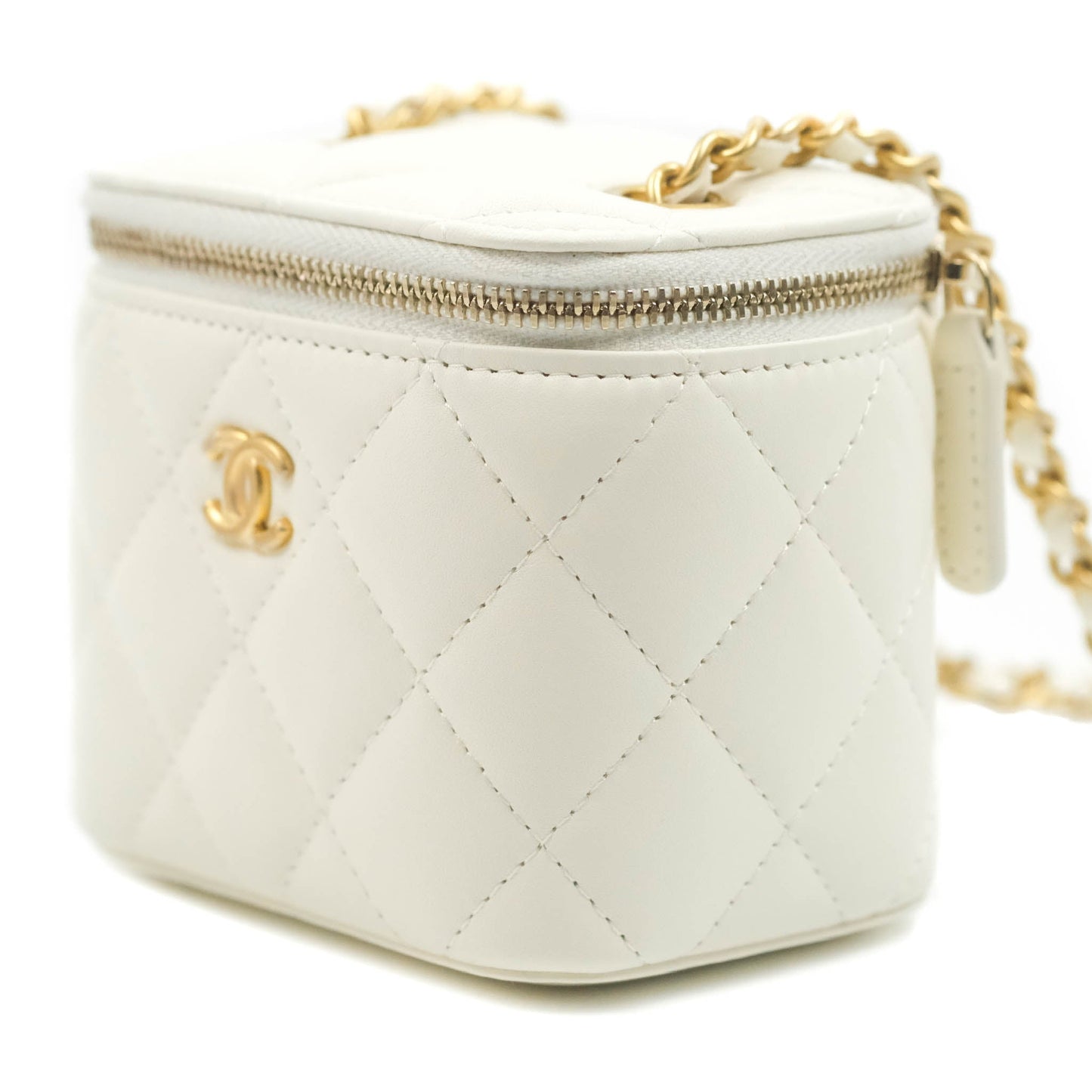 Chanel Mini Pearl Crush Vanity With Chain White Lambskin Aged Gold Hardware